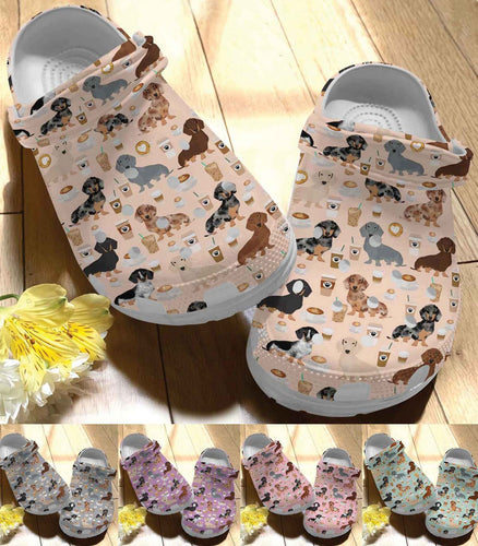 Dachshund Personalize Clog, Custom Name, Text, Fashion Style For Women, Men, Kid, Print 3D Whitesole Dachshund And Coffee
