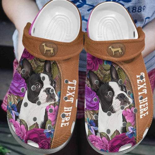 Boston Terrier Personalize Clog, Custom Name, Text, Fashion Style For Women, Men, Kid, Print 3D Personalized Boston Terrier With Flowers