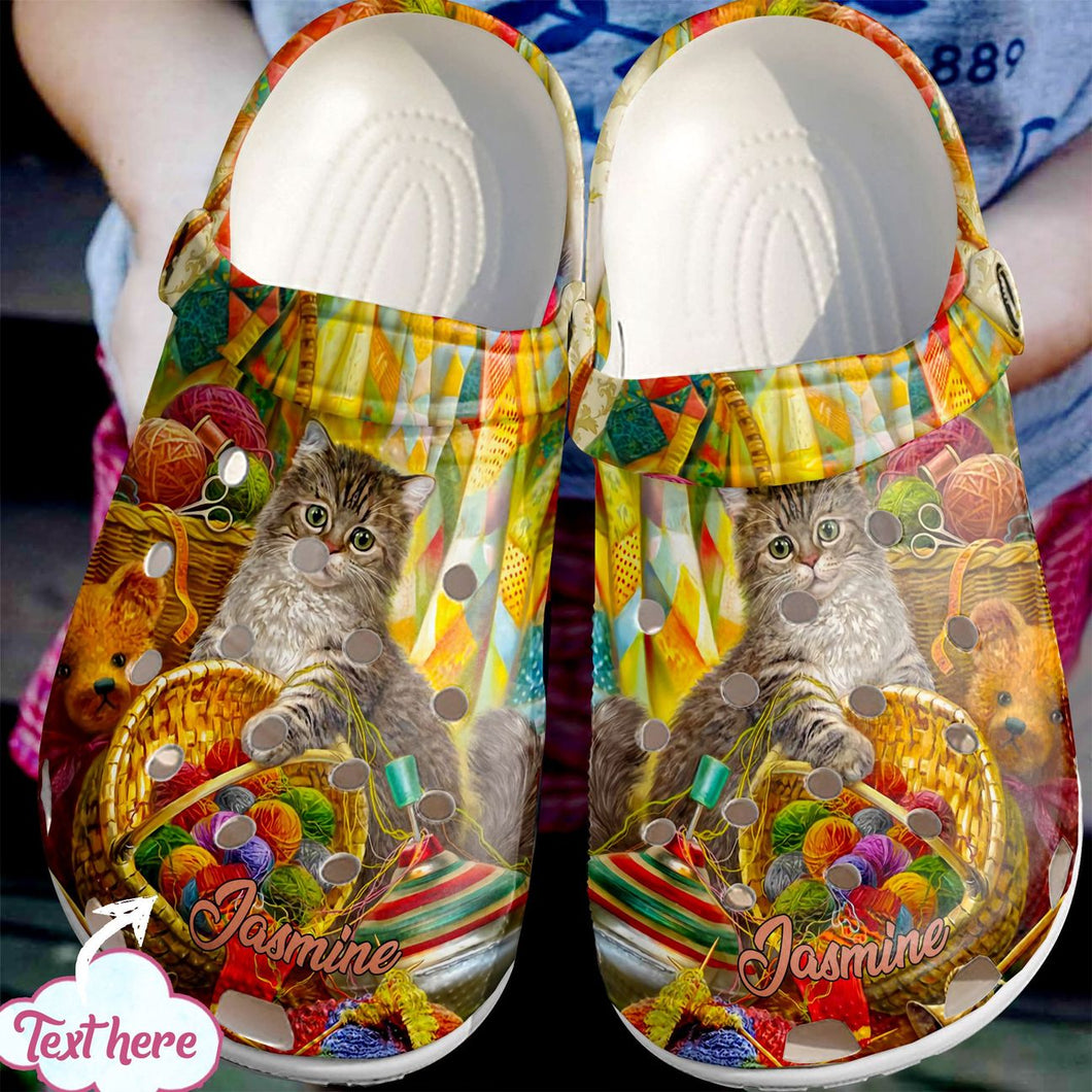 Knitting Personalized Personalize Clog, Custom Name, Text, Fashion Style For Women, Men, Kid, Print 3D Cat Knitting