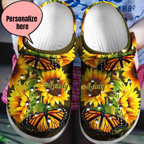 Butterfly Personalized Personalize Clog, Custom Name, Text, Fashion Style For Women, Men, Kid, Print 3D Sunflower Butterflies