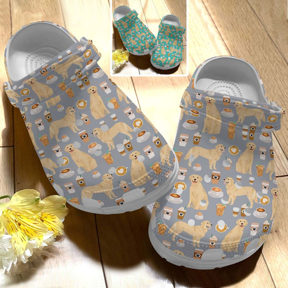 Golden Retriever Personalize Clog, Custom Name, Text, Fashion Style For Women, Men, Kid, Print 3D Whitesole Golden Retriever And Coffee