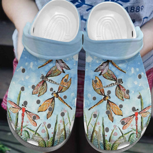 Dragonfly Personalize Clog, Custom Name, Text, Fashion Style For Women, Men, Kid, Print 3D Whitesole Dragonfly Sky