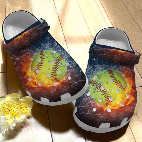 Softball Personalize Clog, Custom Name, Text, Fashion Style For Women, Men, Kid, Print 3D Whitesole Water And Fire
