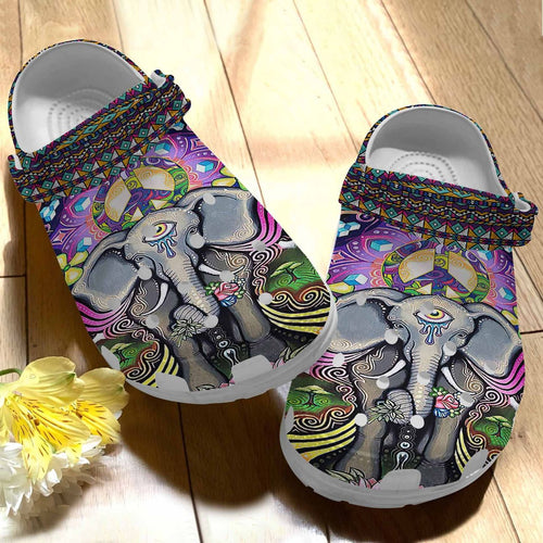 Hippie Personalize Clog, Custom Name, Text, Fashion Style For Women, Men, Kid, Print 3D Peace Love Elephant