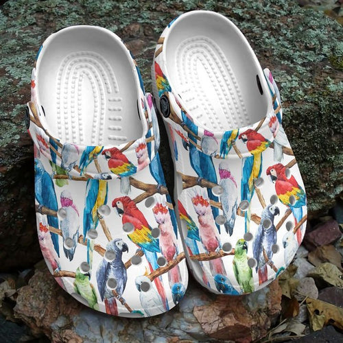 Parrot Personalize Clog, Custom Name, Text, Fashion Style For Women, Men, Kid, Print 3D Whitesole Colorful Parrots
