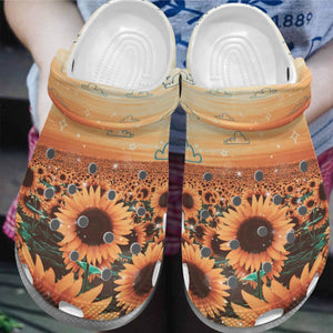 Sunflower Personalize Clog, Custom Name, Text, Fashion Style For Women, Men, Kid, Print 3D Whitesole Sunset
