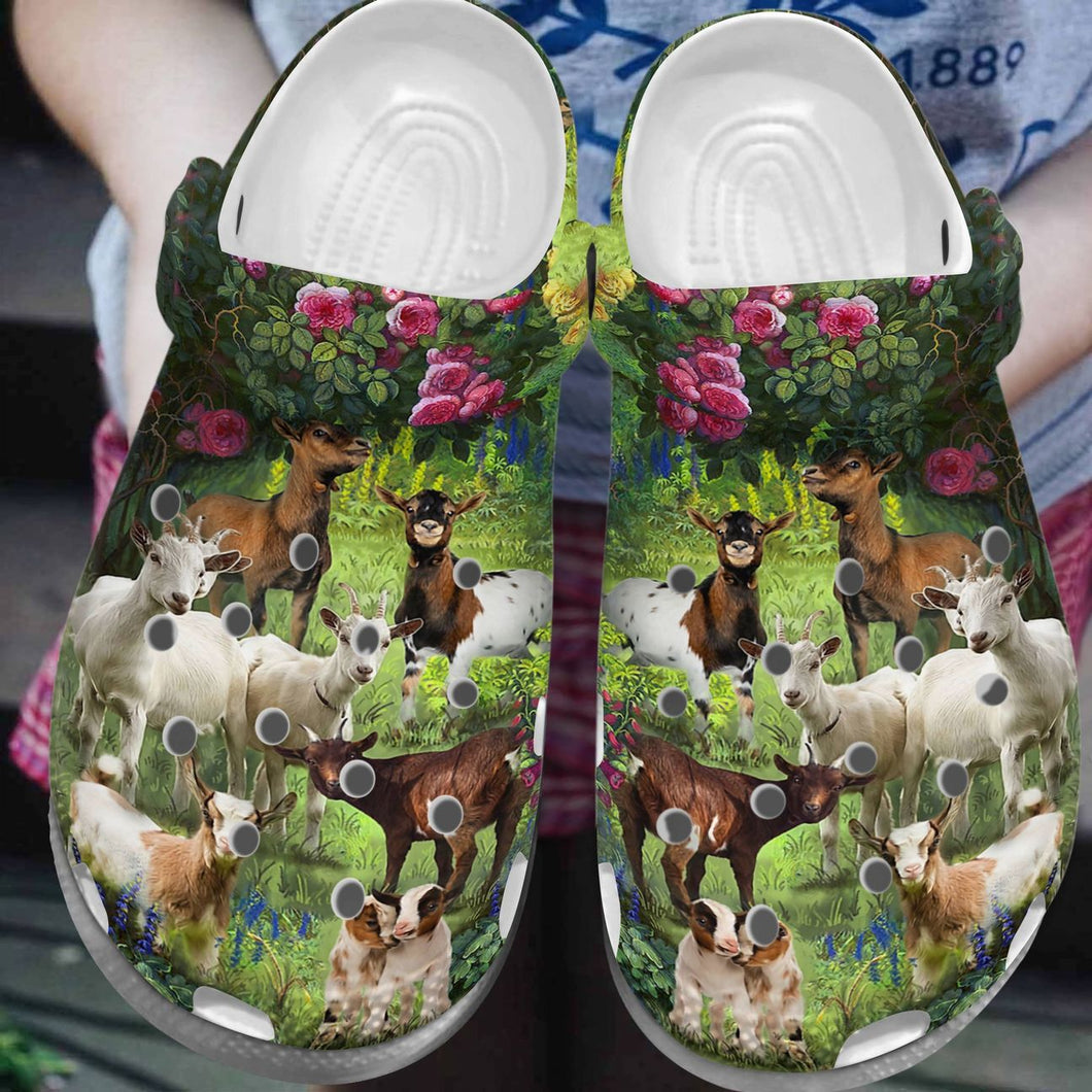 Goat Personalize Clog, Custom Name, Text, Fashion Style For Women, Men, Kid, Print 3D Whitesole Goats In The Garden
