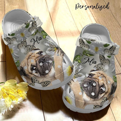 Pug Personalized Personalize Clog, Custom Name, Text, Fashion Style For Women, Men, Kid, Print 3D Pug With Daisy And Butterfly