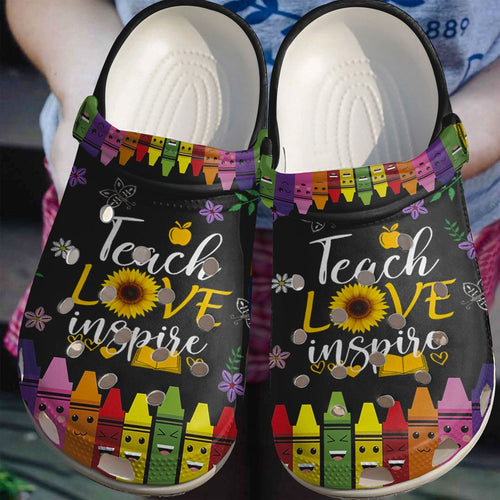 Teacher Personalize Clog, Custom Name, Text, Fashion Style For Women, Men, Kid, Print 3D Teach Love Inspire