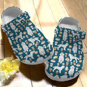 Poodle Personalize Clog, Custom Name, Text, Fashion Style For Women, Men, Kid, Print 3D Whitesole Poodle And Coffee