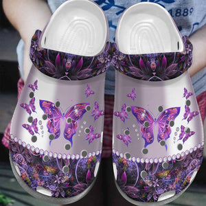 Butterfly Personalize Clog, Custom Name, Text, Fashion Style For Women, Men, Kid, Print 3D Whitesole Purple Butterfly
