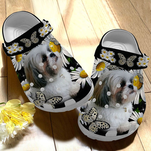 Shih Tzu With Flowers Personalize Clog, Custom Name, Text, Fashion Style For Women, Men, Kid, Print 3D Whitesole