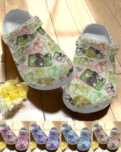 Photographer Personalize Clog, Custom Name, Text, Fashion Style For Women, Men, Kid, Print 3D Whitesole Colorful Camera Pattern V1