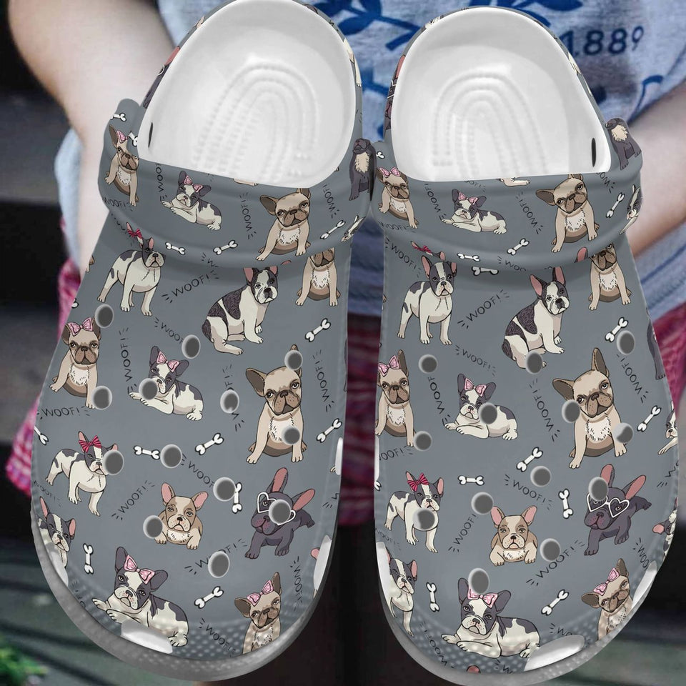 French Bulldog Personalize Clog, Custom Name, Text, Fashion Style For Women, Men, Kid, Print 3D Whitesole Woof!