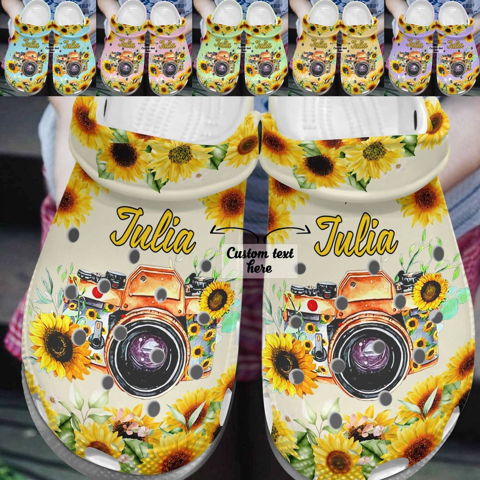 Photography Personalized Personalize Clog, Custom Name, Text, Fashion Style For Women, Men, Kid, Print 3D Whitesole Sunflower Camera