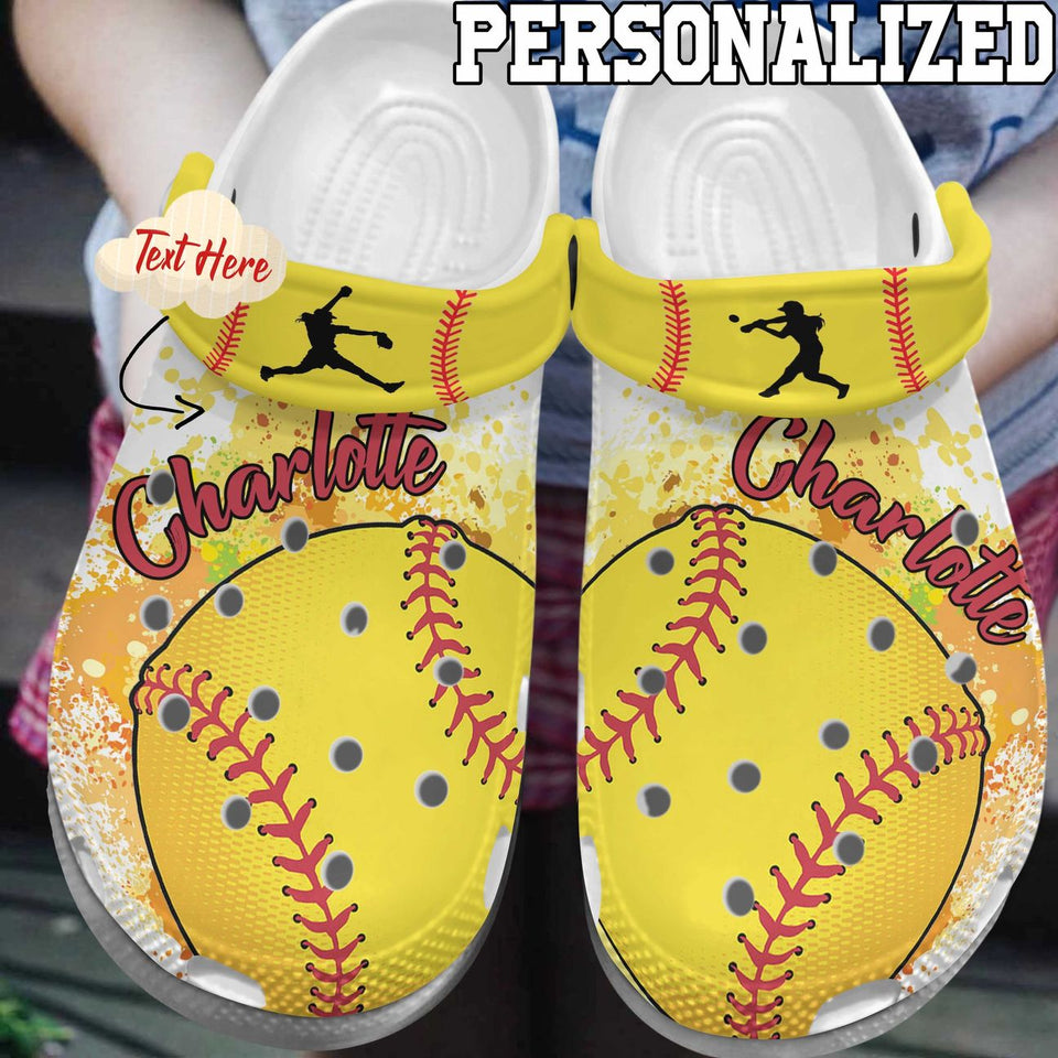 Softball Personalized Personalize Clog, Custom Name, Text, Fashion Style For Women, Men, Kid, Print 3D Watercolor