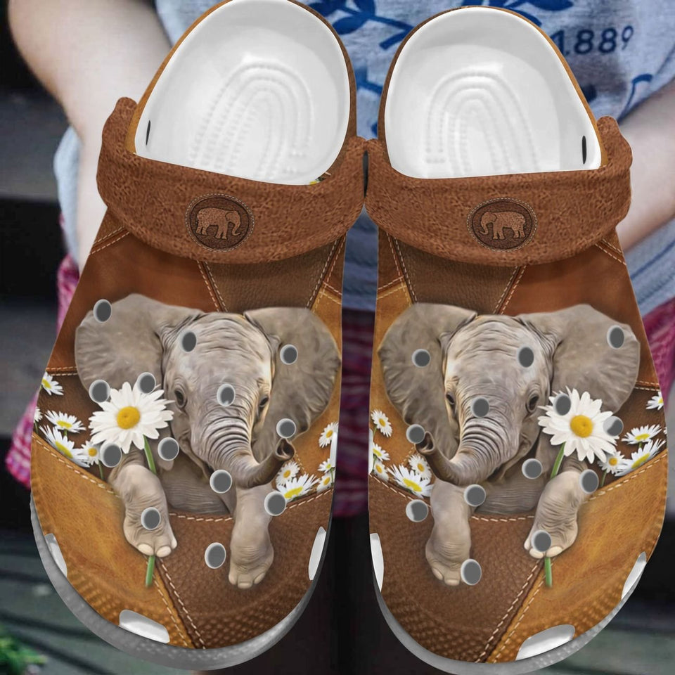 Elephant Personalize Clog, Custom Name, Text, Fashion Style For Women, Men, Kid, Print 3D Whitesole Daisy Elephant