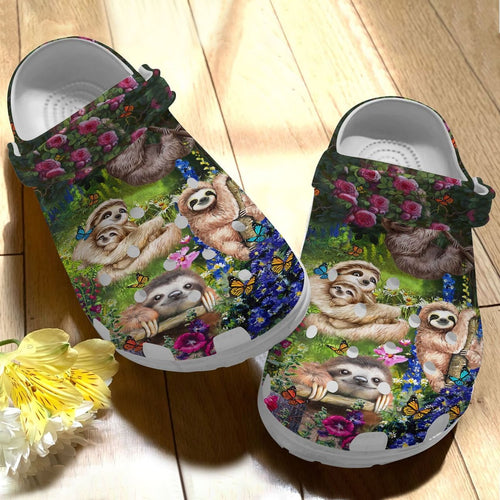 Sloth Personalize Clog, Custom Name, Text, Fashion Style For Women, Men, Kid, Print 3D Whitesole Sloths In The Garden