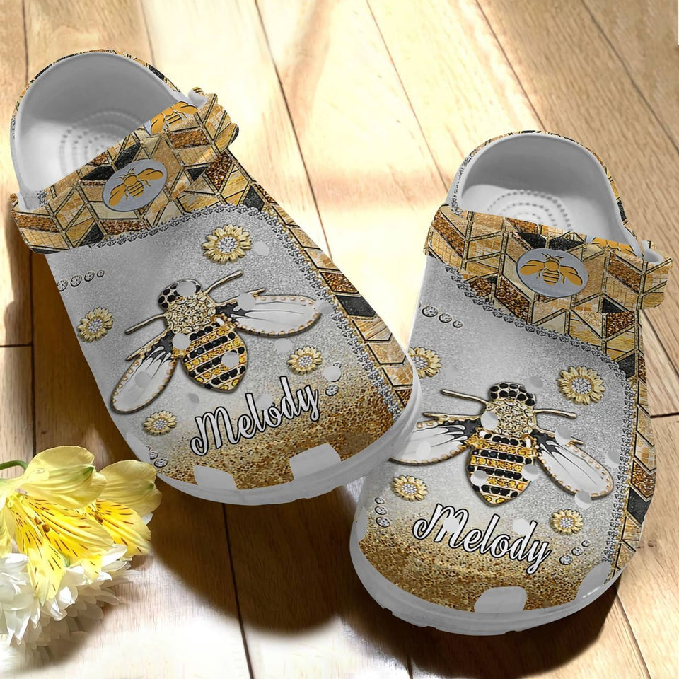 Bee Personalized Personalize Clog, Custom Name, Text, Fashion Style For Women, Men, Kid, Print 3D Whitesole Bee Lover