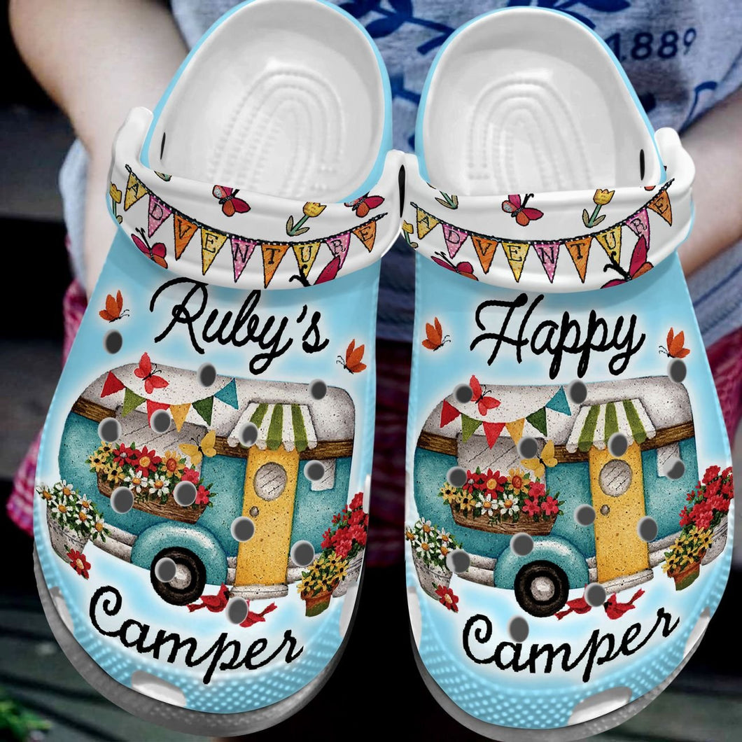 Camping Personalize Clog, Custom Name, Text, Fashion Style For Women, Men, Kid, Print 3D 8 Colors Happy Camper