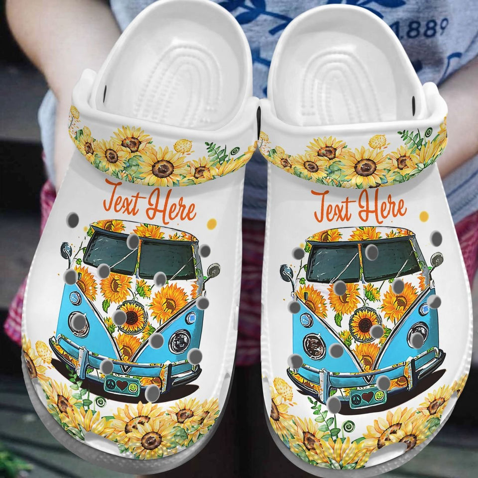 Hippie Personalize Clog, Custom Name, Text, Fashion Style For Women, Men, Kid, Print 3D Just Sunflower Bus