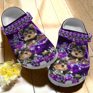 Yorkshire Personalize Clog, Custom Name, Text, Fashion Style For Women, Men, Kid, Print 3D Whitesole Yorkshire Gorgeous Purple Flowers