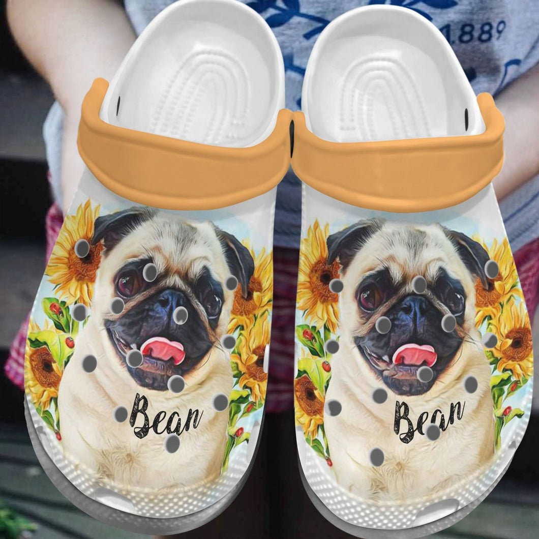 Pug Personalized Personalize Clog, Custom Name, Text, Fashion Style For Women, Men, Kid, Print 3D Sunflower Pug