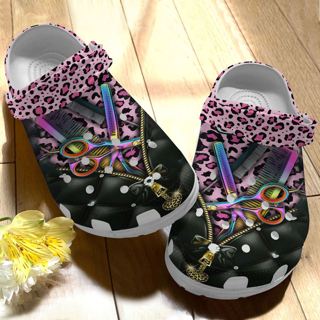 Hairstylist Personalize Clog, Custom Name, Text, Fashion Style For Women, Men, Kid, Print 3D Whitesole Pink Leopard
