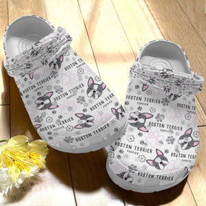Boston Terrier Personalize Clog, Custom Name, Text, Fashion Style For Women, Men, Kid, Print 3D Whitesole Pink Pattern