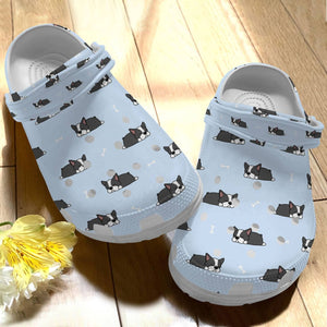 Boston Terrier Personalize Clog, Custom Name, Text, Fashion Style For Women, Men, Kid, Print 3D Whitesole Blue Pattern