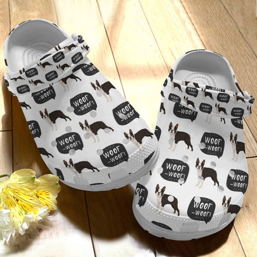 Boston Terrier Personalize Clog, Custom Name, Text, Fashion Style For Women, Men, Kid, Print 3D Whitesole Woof Woof
