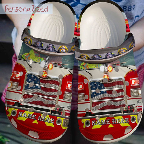 Firefighter Personalize Clog, Custom Name, Text, Fashion Style For Women, Men, Kid, Print 3D Whitesole Personalized Firetruck