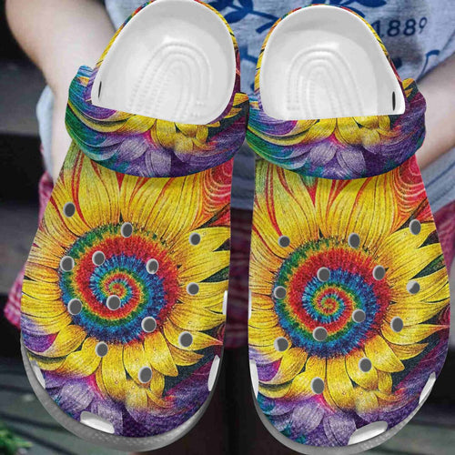 Hippie Personalize Clog, Custom Name, Text, Fashion Style For Women, Men, Kid, Print 3D Whitesole Sunflower Tie Dye