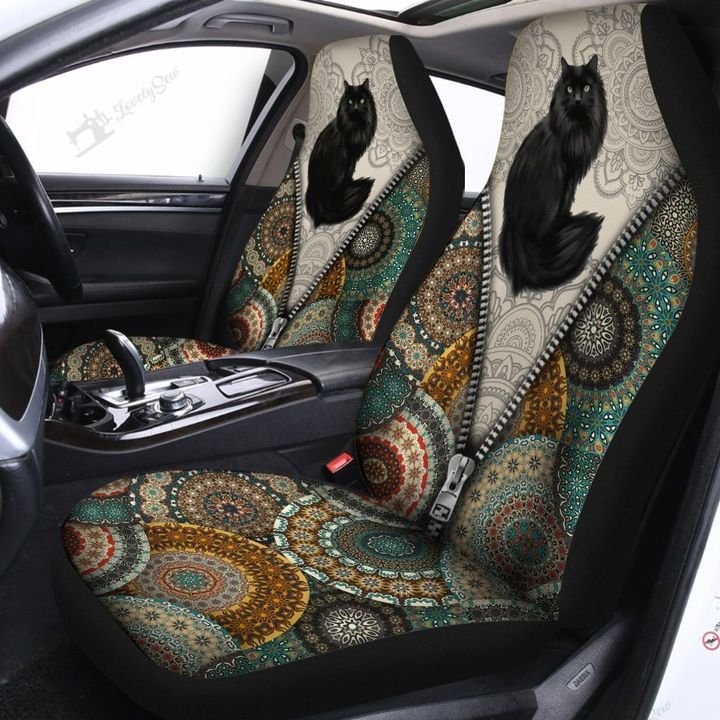Boho Black Cat Car Seat Covers Set 2 Pc, Car Accessories Seat Cover