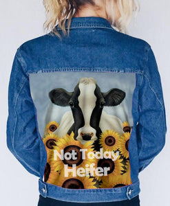 Cow Not Today Heifer Denim Jacket Light Blue Bomber Denim Fashion Slim Long Sleeve Jeans Jack Coat