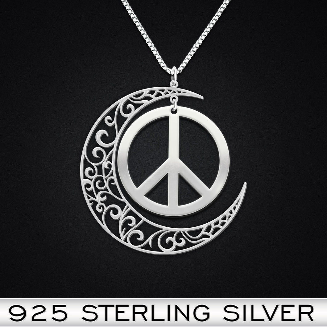 Hippie Peace Love To The Moon And Back Sterling Silver Necklace Hippie Peace Love To The Moon And Back Sterling Silver Necklace - Vegamart.com