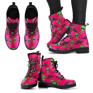 Alien Ufo Pink Pattern Print Men Women Leather Boots