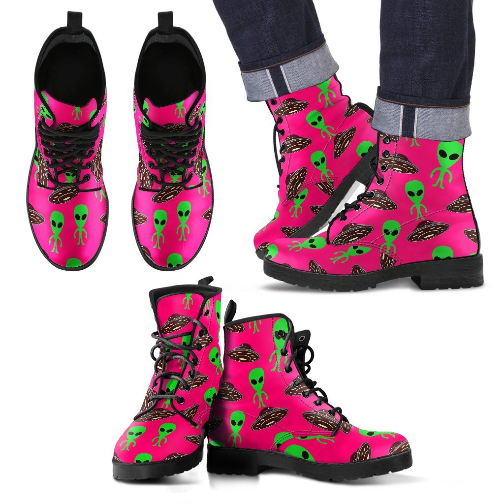 Alien Ufo Pink Pattern Print Men Women Leather Boots