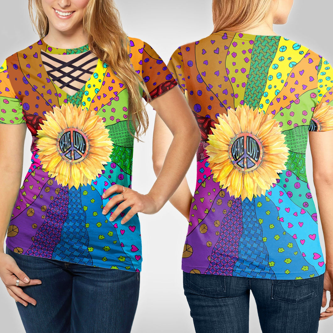 Hippie Sunflower Peace Love Lady Bandage T-Shirt Custom T Shirts Printing Hippie Sunflower Peace Love Lady Bandage T-Shirt Custom T Shirts Printing - Vegamart.com