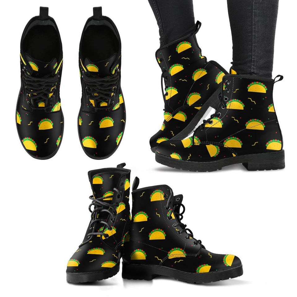 Black Taco Pattern Print Men Women Leather Boots