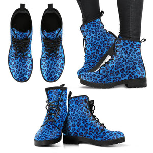Blue Cheetah Leopard Pattern Print Men Women Leather Boots