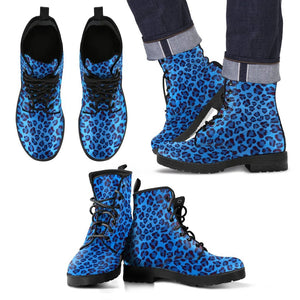 Blue Cheetah Leopard Pattern Print Men Women Leather Boots