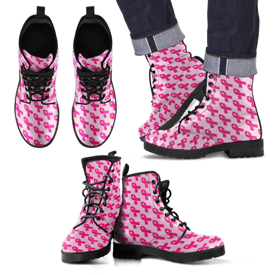 Breast Cancer Awareness Pink Ribbon Print Pattern Men Women Leather Boots