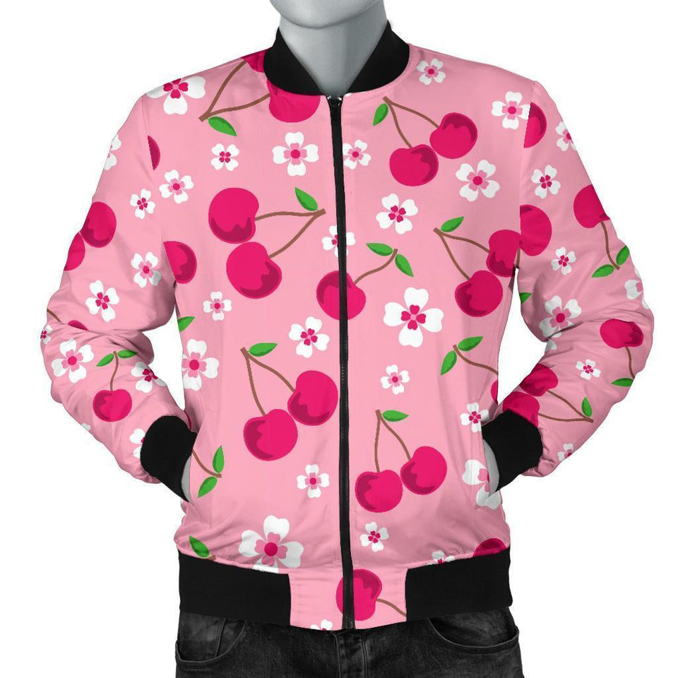 Cherry Floral Pattern Print Men Casual Bomber Jacket