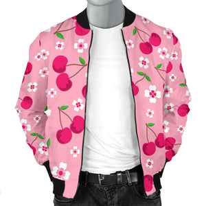 Cherry Floral Pattern Print Men Casual Bomber Jacket