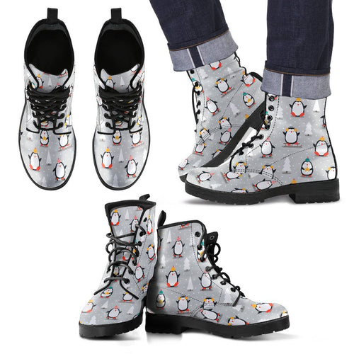 Christmas Tree Penguin Pattern Print Men Women Leather Boots