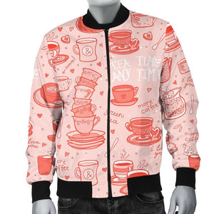 Coffee Pink Pattern Print Men Casual Bomber Jacket