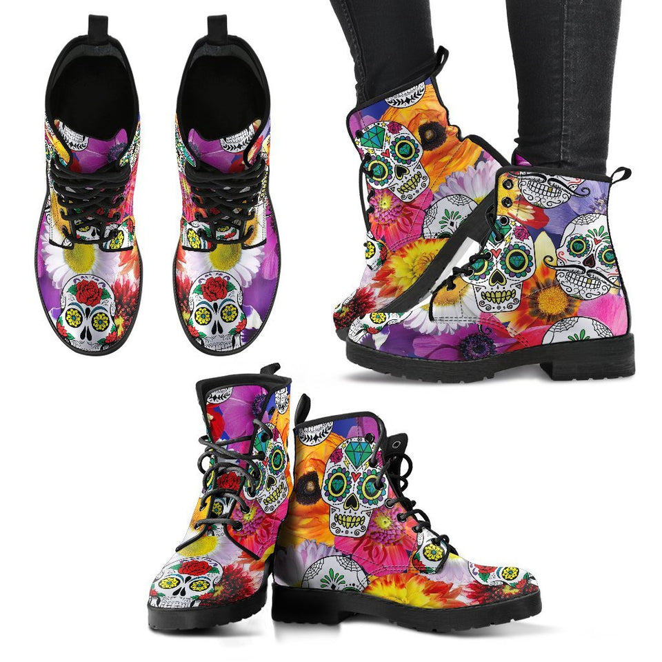 Colorful Skull Women's Leather Boots