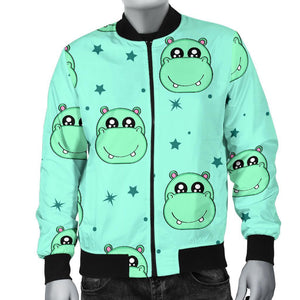 Cute Hippo Pattern Print Men Casual Bomber Jacket