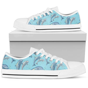 Dolphin Print Pattern Low Top Shoes For Women White, Black Custom Shoes Dolphin Print Pattern Low Top Shoes For Women White, Black Custom Shoes - Vegamart.com